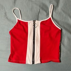 Red, Black, and White Crop top with Zipper